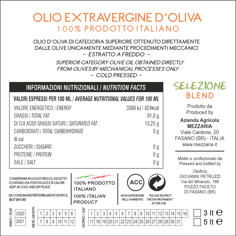 Olio extravergine d'oliva Selezione Blend - retroetichetta - Mezzaria Azienda Agricola